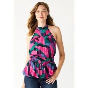 Nine West Sleeveless High Neck Pleated Peplum Top Size Medium
